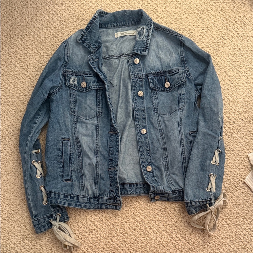 Hippie Laundry Blue Jean Jacket with Lace-Up Sleeves